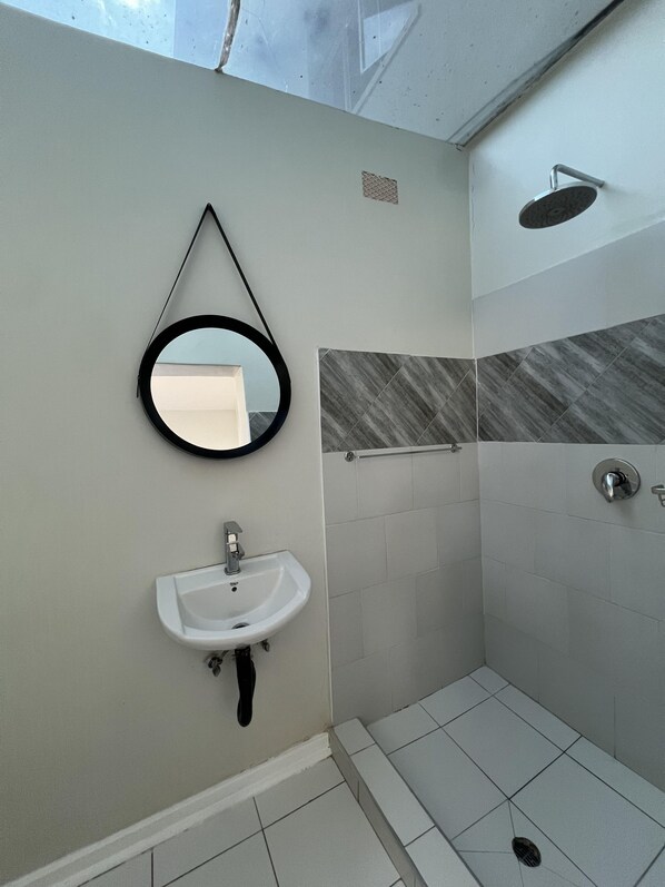 Une salle de bain avec un lavabo, un miroir, une douche et des murs carrelés.