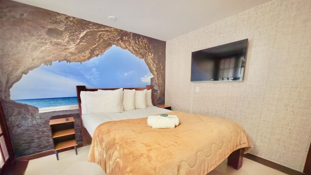 A bedroom with a large bed, a TV mounted on the wall, and a view of the beach through an archway. - Pousada Ferradura Boutique (Búzios)