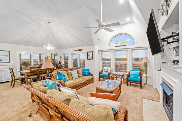 TV, fireplace, DVD player, foosball