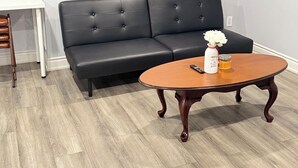 A living room with a black sofa, a wooden coffee table, and two paintings on the wall. - Soft landing spot | Relaxed basement hideout (Ajax)