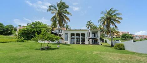 A modern building with a large lawn, palm trees, and a clear sky.