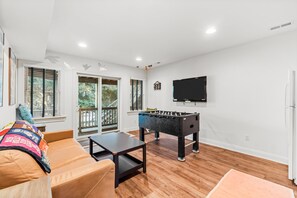 TV, fireplace, DVD player, table football