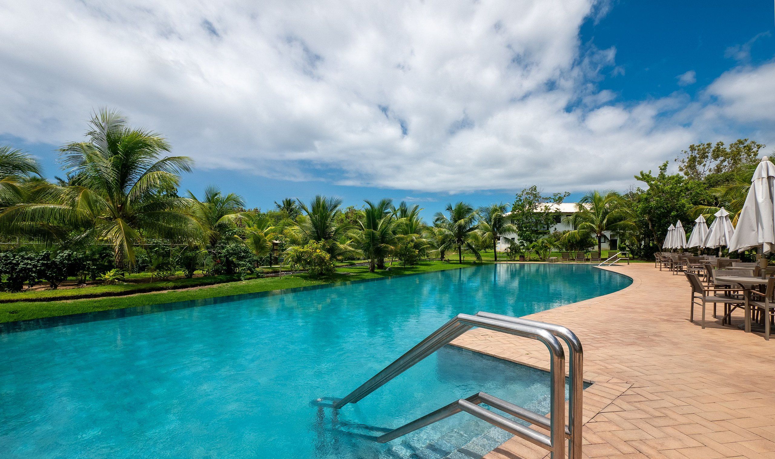 A swimming pool with a clear blue water, surrounded by lush greenery and palm trees.