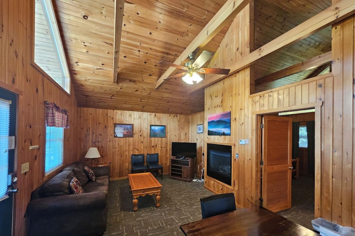 Signature Cabin, 1 King Bed with Sofa bed, Hot Tub | Living room | Smart TV, fireplace, DVD player, foosball