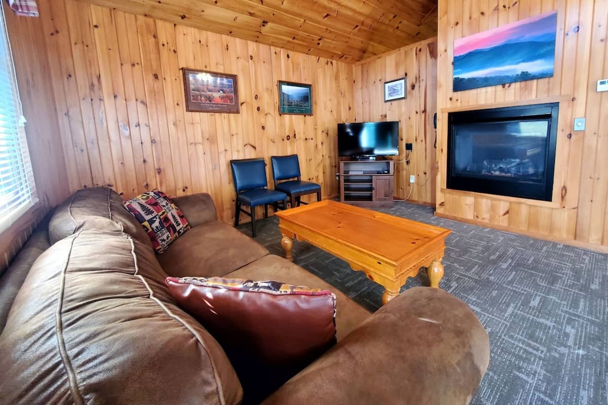 A wooden-paneled room with a brown leather sofa, two blue chairs, a wooden coffee table, a television, and a fireplace.