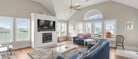 TV, fireplace, DVD player, foosball