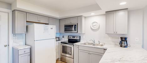 Fridge, microwave, oven, stovetop