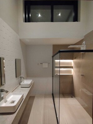 Shower, towels, toilet paper