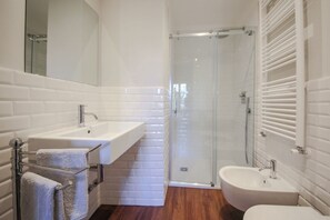Un baño moderno con ducha envuelta en vidrio, un lavabo y un bidé.