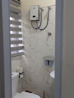 Shower, towels, soap, toilet paper