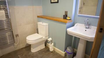 Un baño con inodoro, lavabo y ducha.