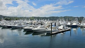 A marina with multiple boats docked at piers.