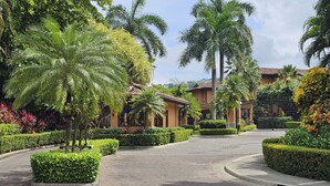 A paved courtyard with palm trees, a curved pathway, and a building with a tiled roof.