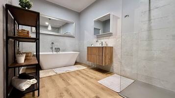 Hair dryer, towels, soap, toilet paper