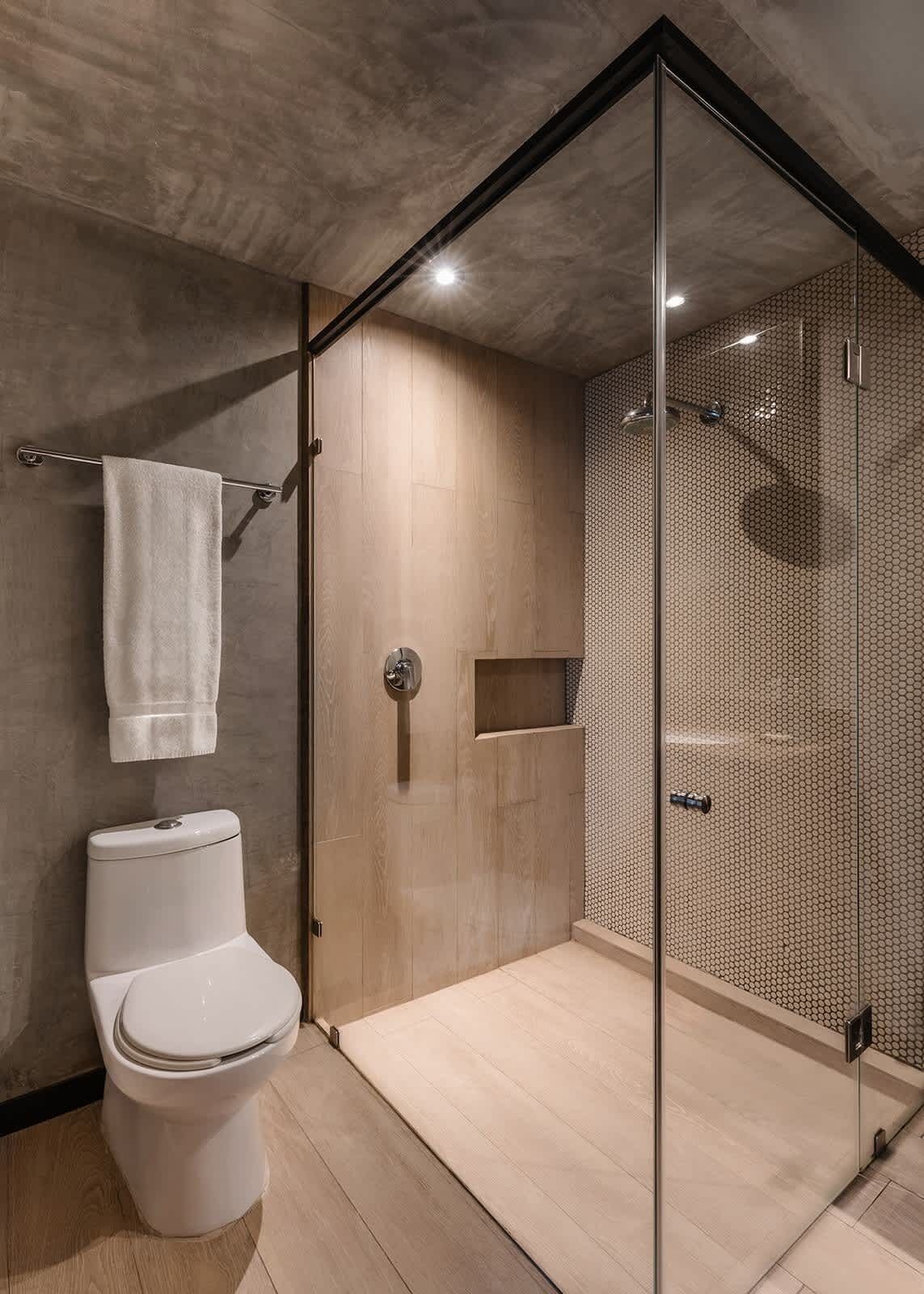 A modern bathroom with a glass shower enclosure, a toilet, and a towel rack.