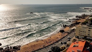 Vista costera con playa, olas y una carretera con edificios.