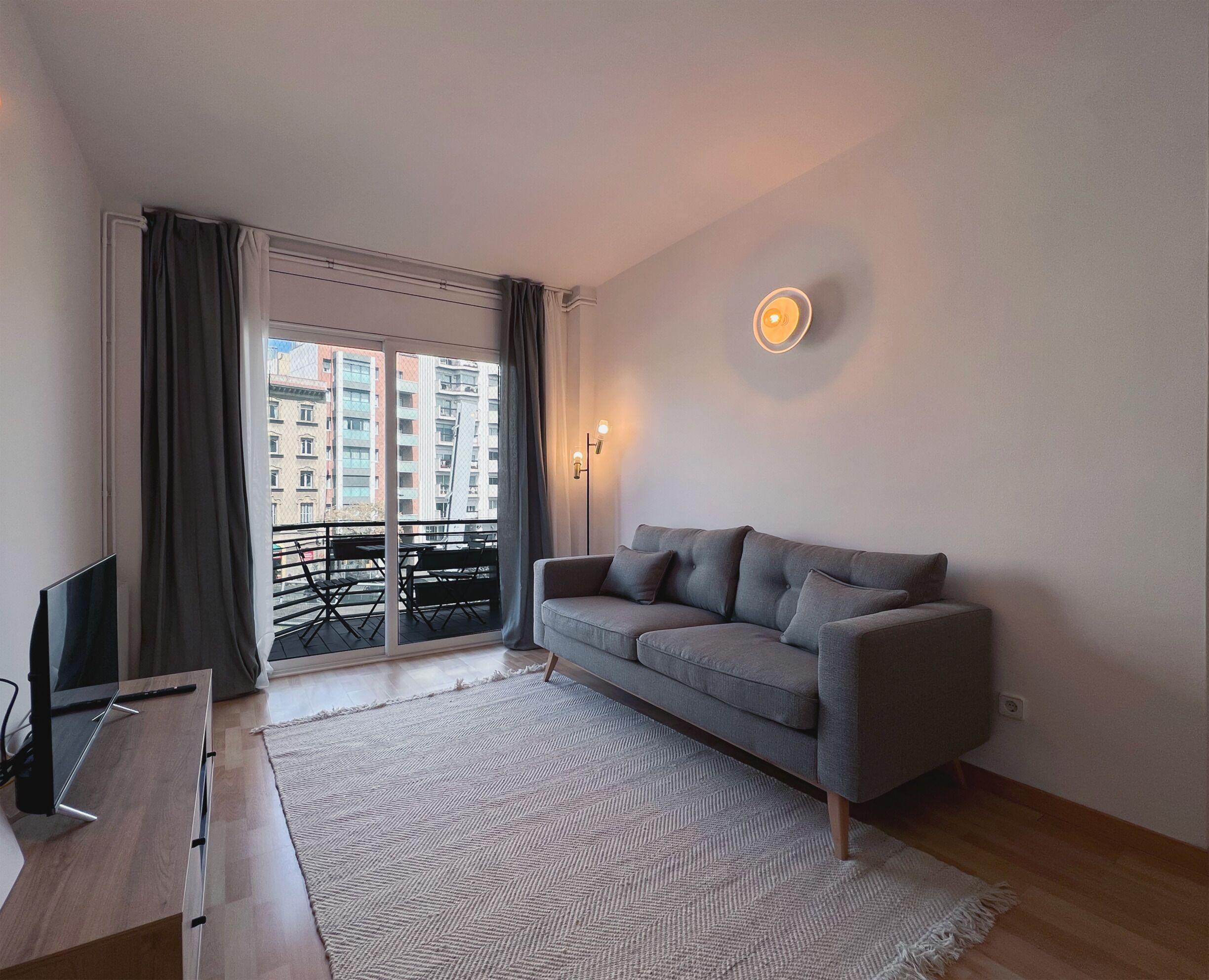 A modern living room with a grey sofa, a flat-screen TV, a large window with curtains, and a patterned rug.