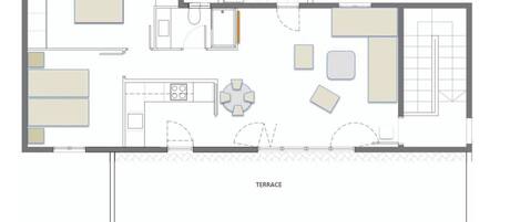 A floor plan of a hotel room with a terrace, a kitchen, a dining area, and a bathroom.