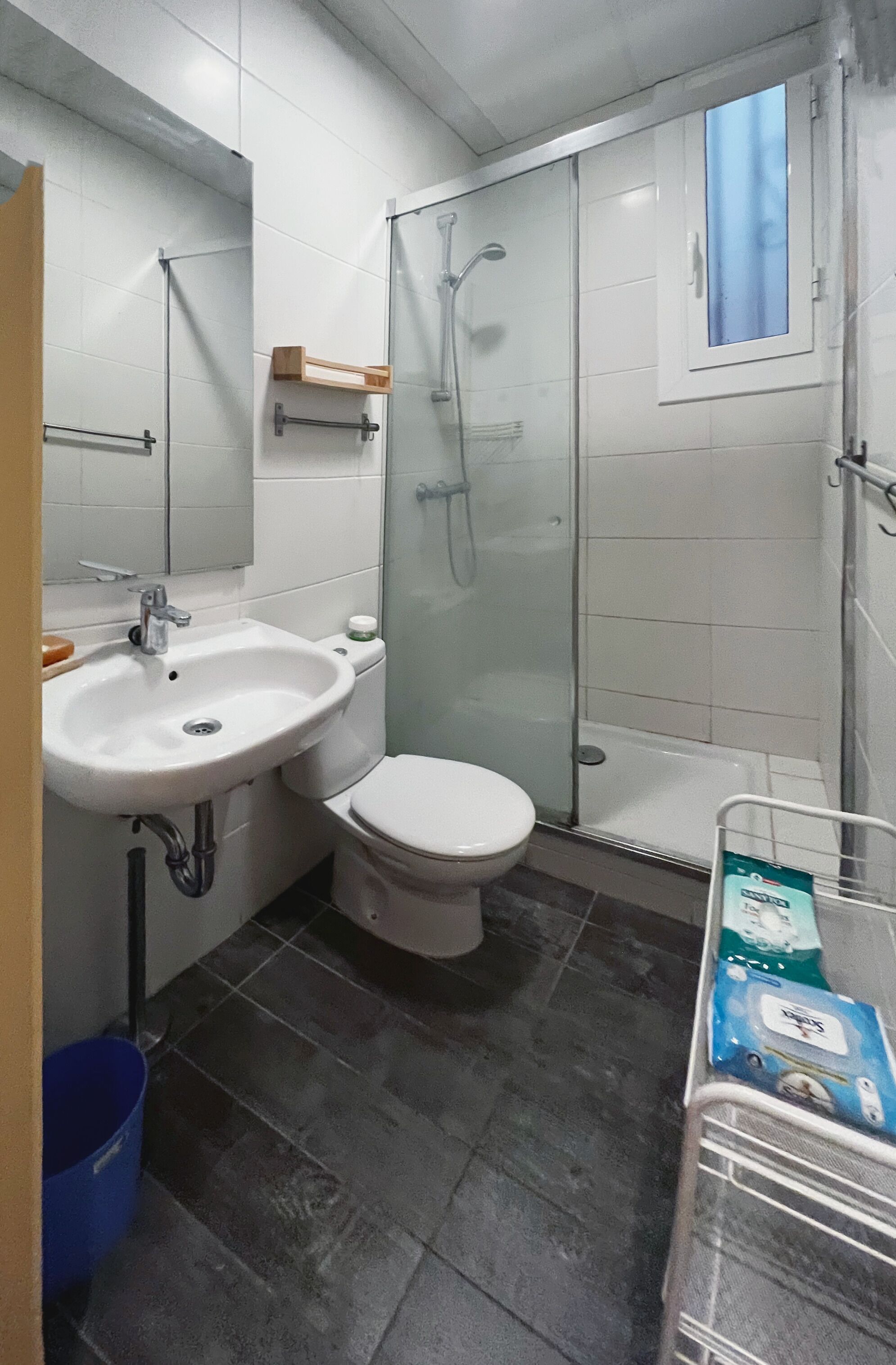 Un bagno compatto con lavandino bianco, WC e cabina doccia in vetro.
