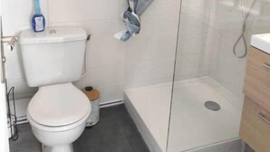 Een badkamer met een toilet, douche en wastafel.