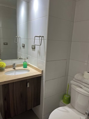 Shower, hair dryer, towels, soap