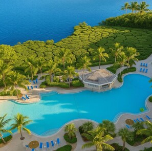 An aerial view of a resort with a large swimming pool, palm trees, and a small building.