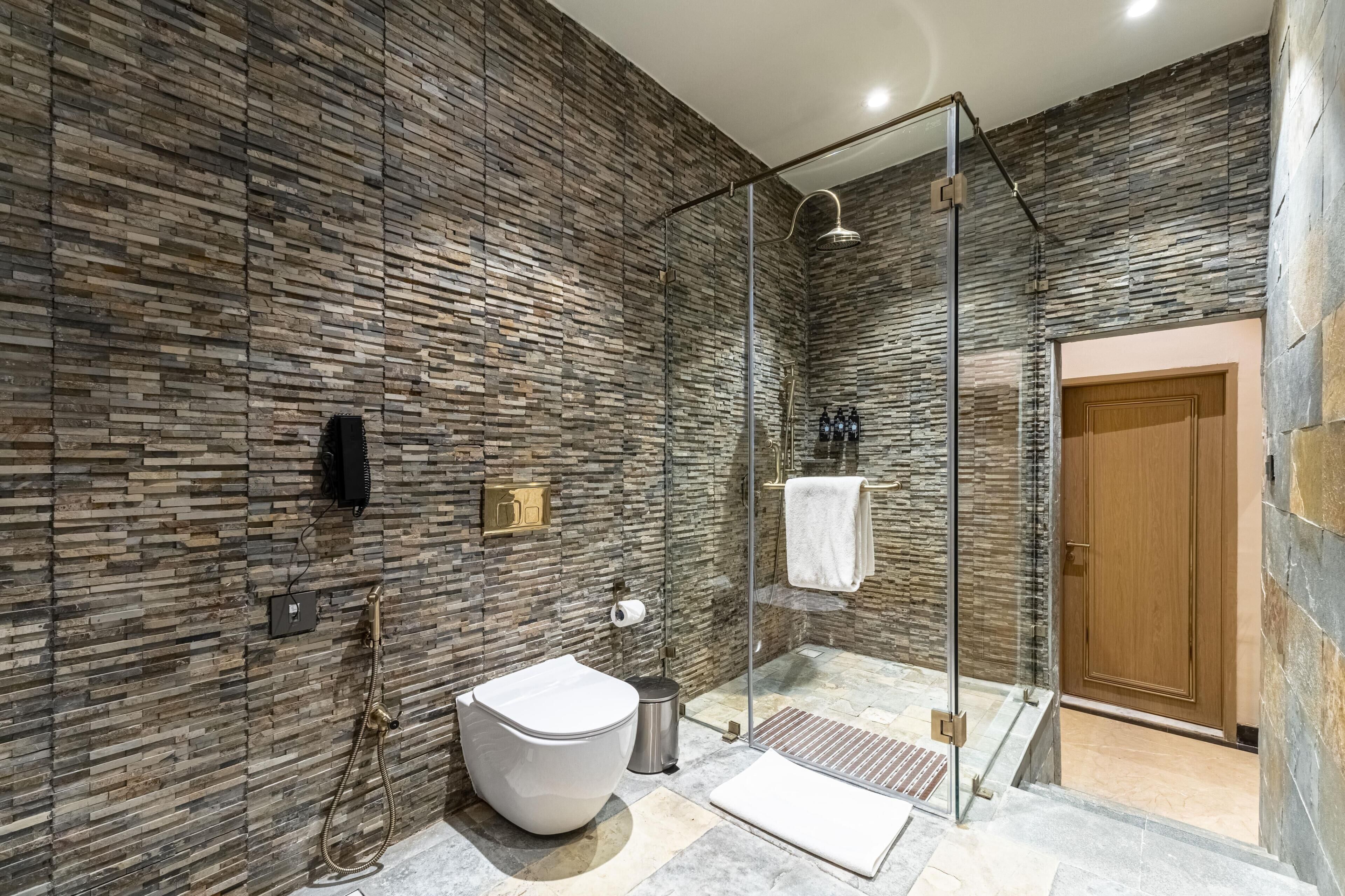 A modern bathroom with a stone wall, a glass shower enclosure, a toilet, and a wooden door.