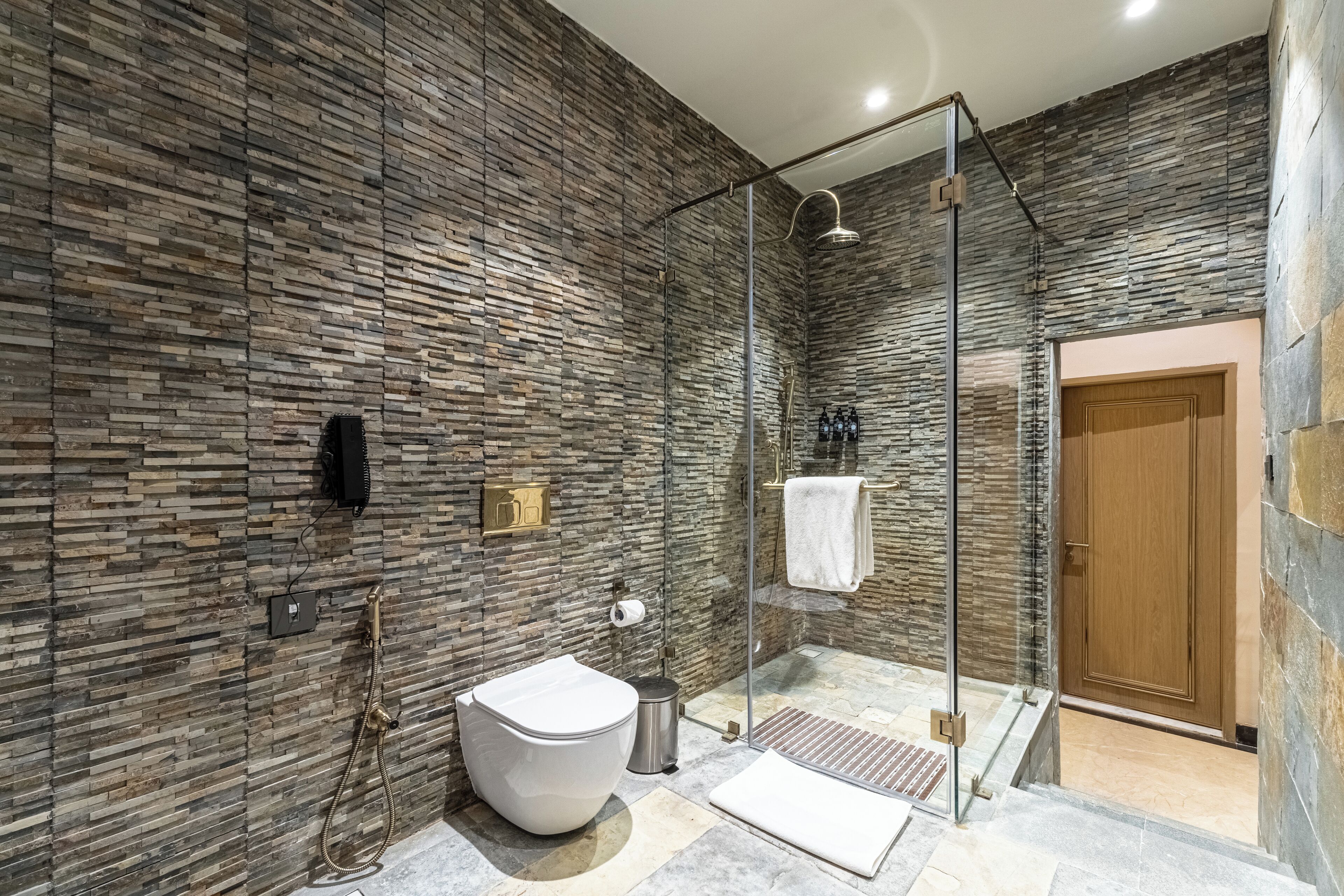 A modern bathroom with a stone wall, a glass shower enclosure, a toilet, and a sink.