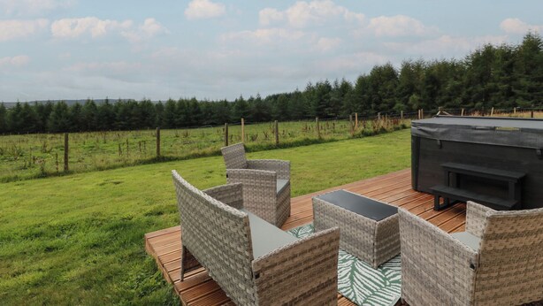 Un espace extérieur aménagé avec des meubles en osier et un barbecue sur une terrasse en bois.