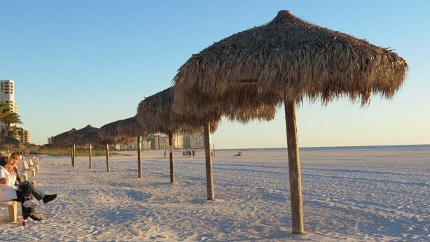 Une plage avec des parasols en chaume et un rivage sablonneux.