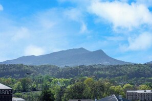 A mountain with a clear sky, surrounded by dense green forest and buildings in the foreground. - Mountain View Condo 1306 (Pigeon Forge)