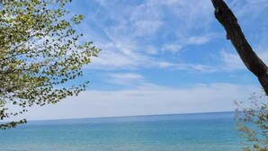 A beach with clear water and a tree in the foreground. - Firepit, Deck & Views | Stairs to Lake Michigan (Montague)