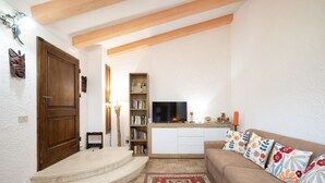 A living room with a wooden door, a bookshelf, a flat-screen TV, a sofa with patterned cushions, and a red and blue patterned rug. - La Casa dei Quadri - Gavorrano (Bivio di Ravi Gavorrano)