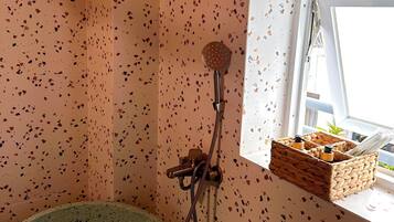 Hair dryer, bidet, towels, soap