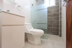 Shower, hair dryer, towels