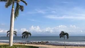 Una piscina con vistas al océano y palmeras.