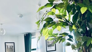 Una sala moderna con un sofá verde, una mesa de centro blanca y un tapete azul estampado. Se observa una planta grande en primer plano y un cuadro en la pared.