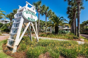 A sign for Seacrest Beach with a white structure and green lettering. - "Casita in Paradise 30A" 2BR/3BA/Seacrest Beach Lagoon Pool (Seacrest Beach)