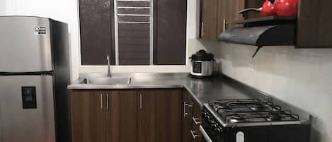 Fridge, oven, stovetop, cookware/dishes/utensils