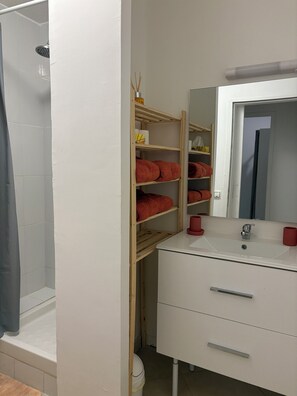 Shower, hair dryer, towels, soap