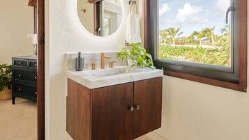 Hair dryer, towels, soap, shampoo