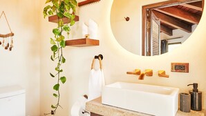 A bathroom with a white toilet, a sink with a wooden vanity, a hanging plant, a round mirror, and a ceiling light fixture.