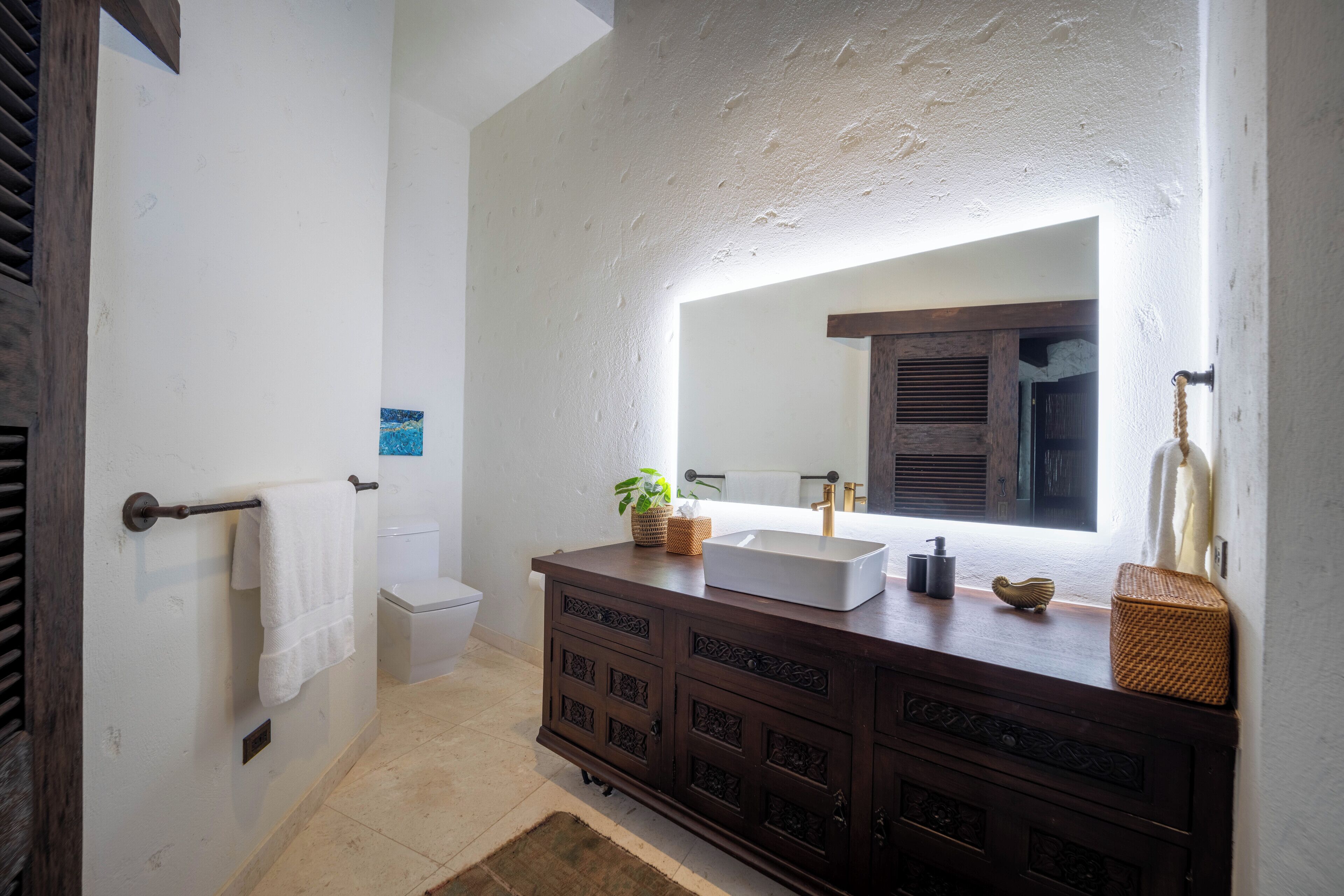 Hair dryer, towels, soap, shampoo