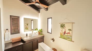 Hair dryer, towels, soap, shampoo