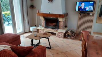 Una televisión, una chimenea, libros