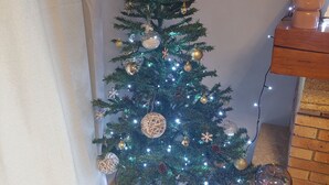 Un sapin de Noël décoré de guirlandes lumineuses et d’ornements, placé dans un coin avec un mur en briques et un meuble en bois.