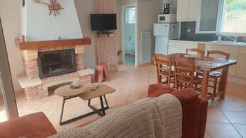 Een televisie, een open haard en boeken