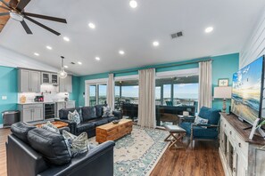 TV connectée, cheminée, lecteur de DVD, livres