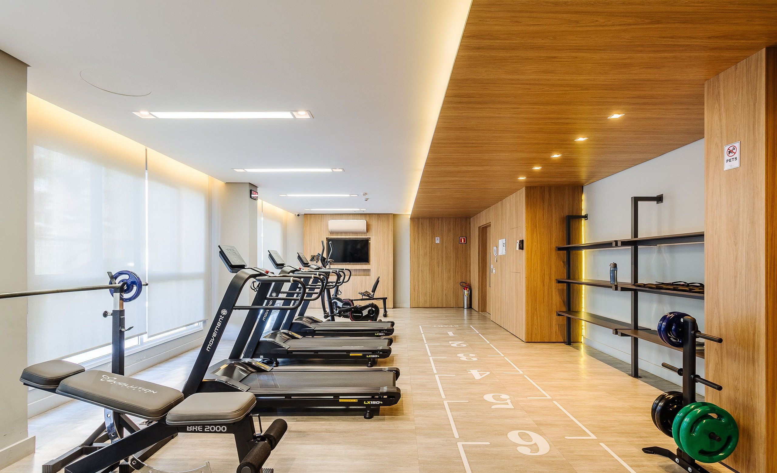 Ein Fitnessstudio mit Laufbändern, Gewichtbänken und einem Squat-Rack.