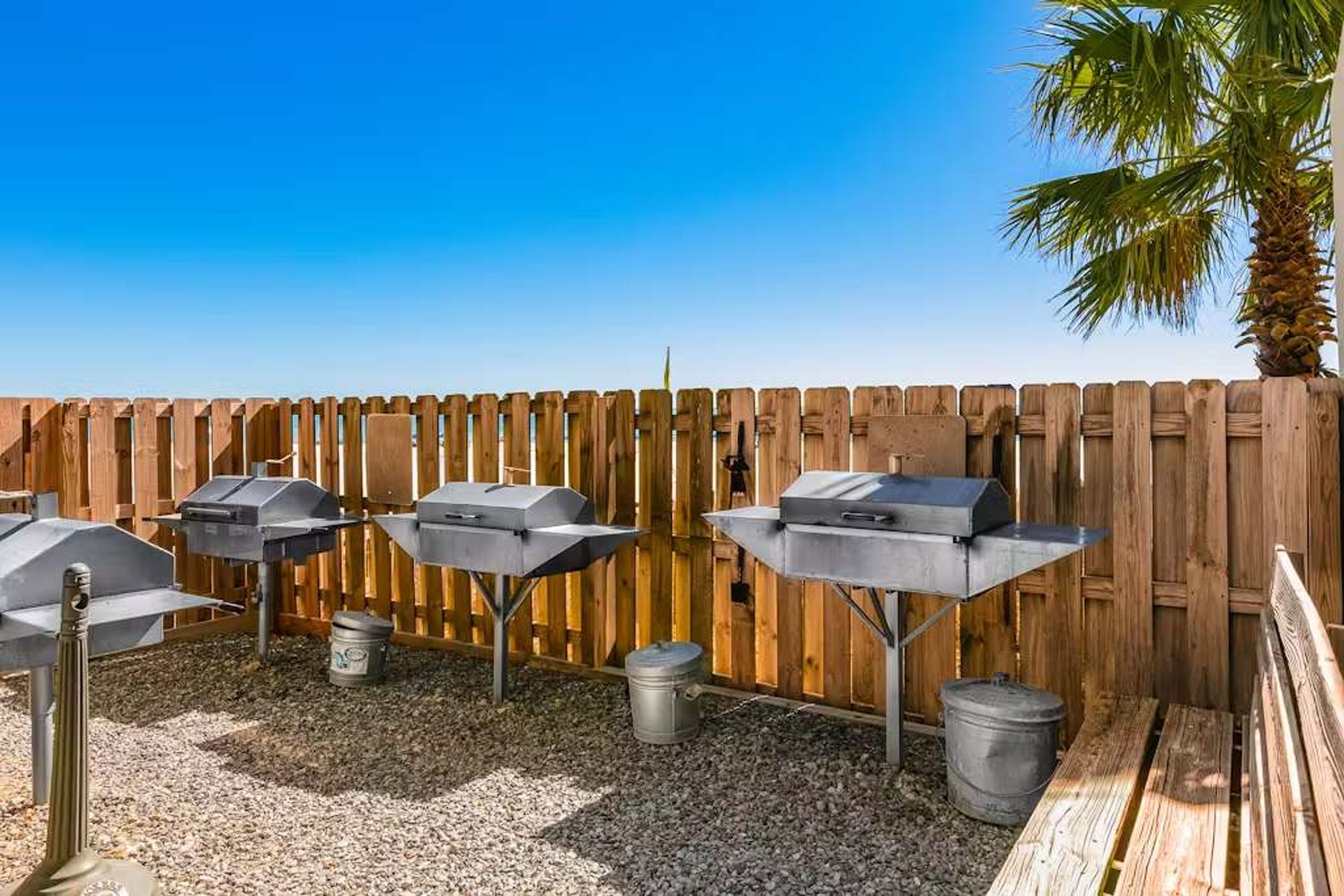 An outdoor barbecue area with three grills, a wooden fence, and a palm tree.
